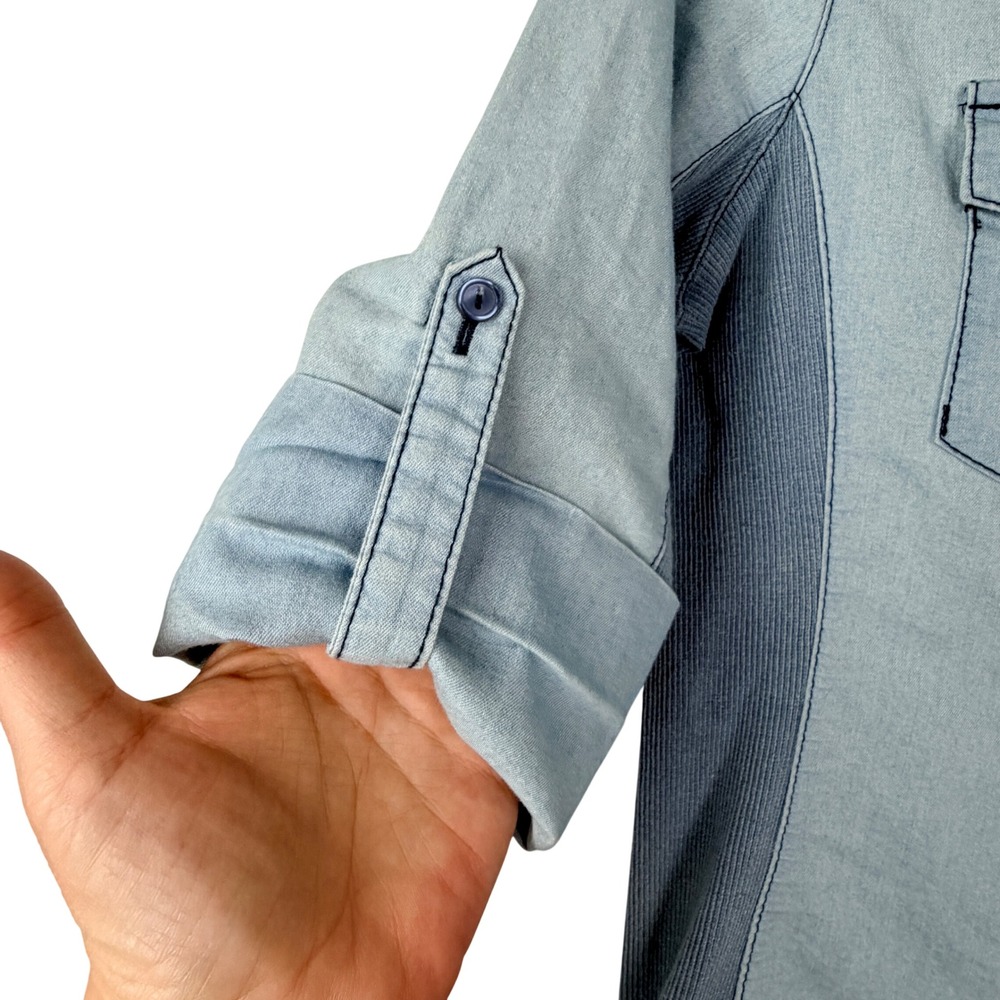 Lapis Women Medium Light Wash Blue Chambray Roll Tab Sleeve Button Shirt Western - Picture 4 of 9